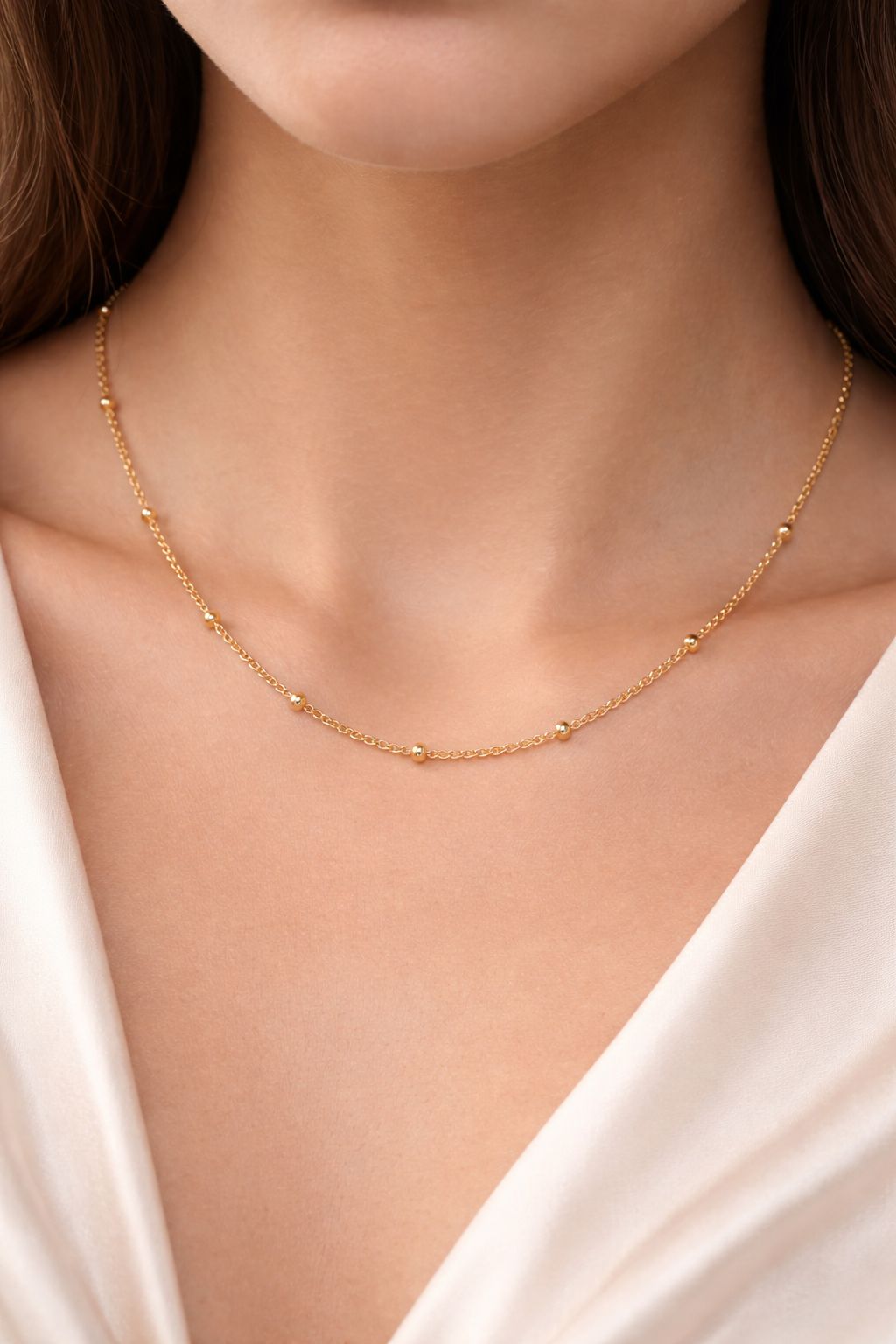 14K Gold Plated Beaded Station Chain Necklace – Minimal Luxury Elegance