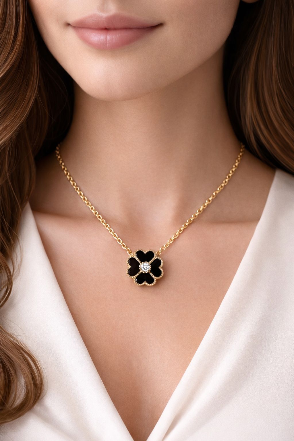 14K Gold Plated Black Clover Pendant Necklace